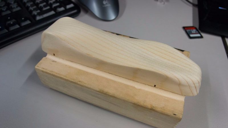 a pinewood derby car that has just been cut on a Tormach mill